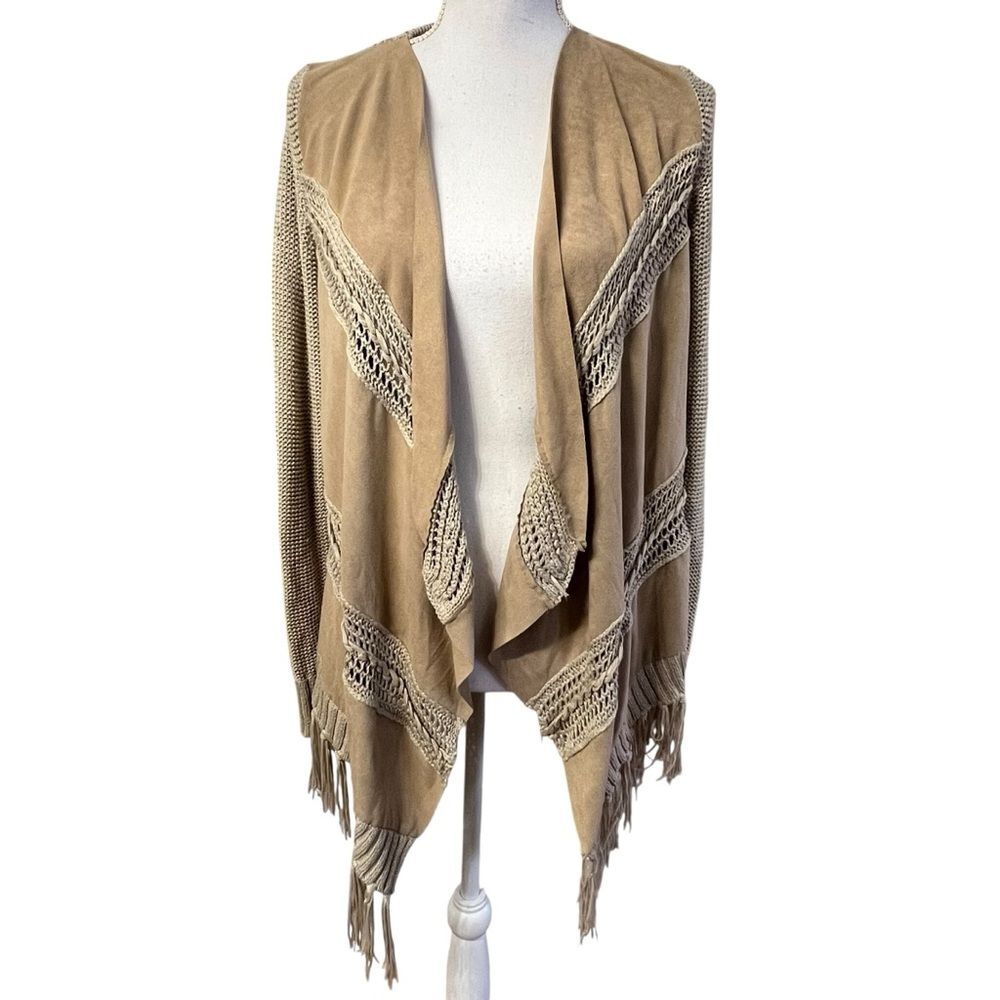 INC International Concept Boho Western Cardigan Sweater Size S Fringe Faux Suede